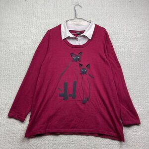 Retro Emotion Collared Sweatshirt Wom XL Abstract Cat Lady Pullover Pink Artsy